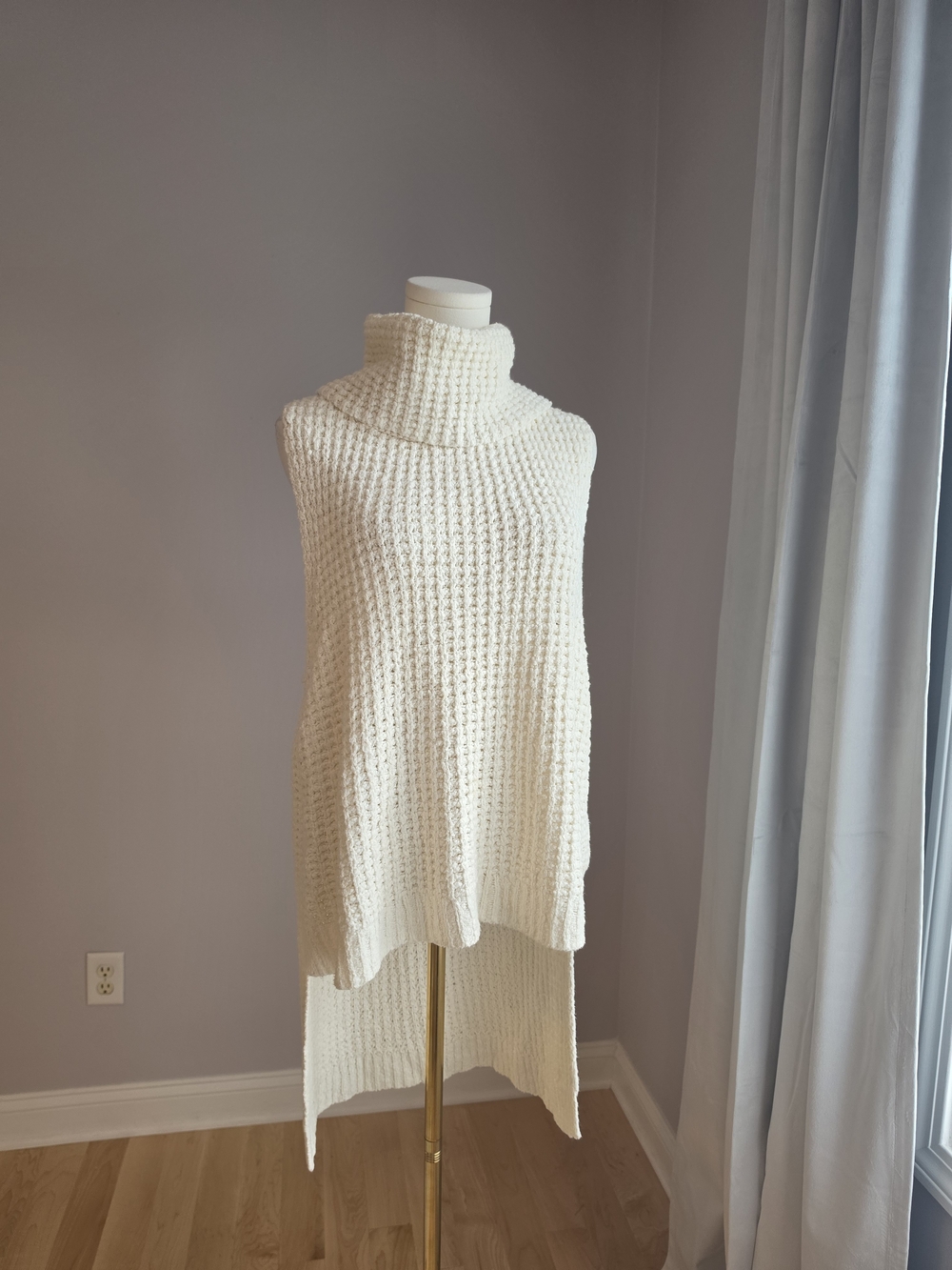 Free People Cream Ribbed Turtleneck Poncho Sweater